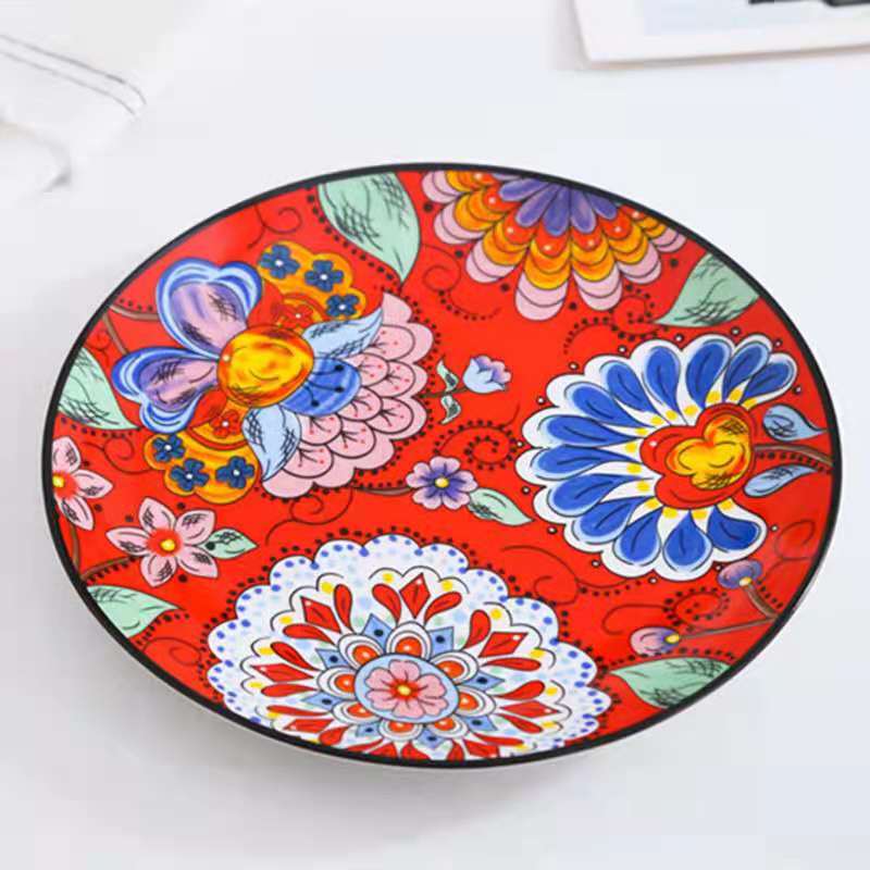Hand-painted creative wedding big red Chinese ceramic tableware, household vegetable plates, bowls and plates, Western dining plates Specification image