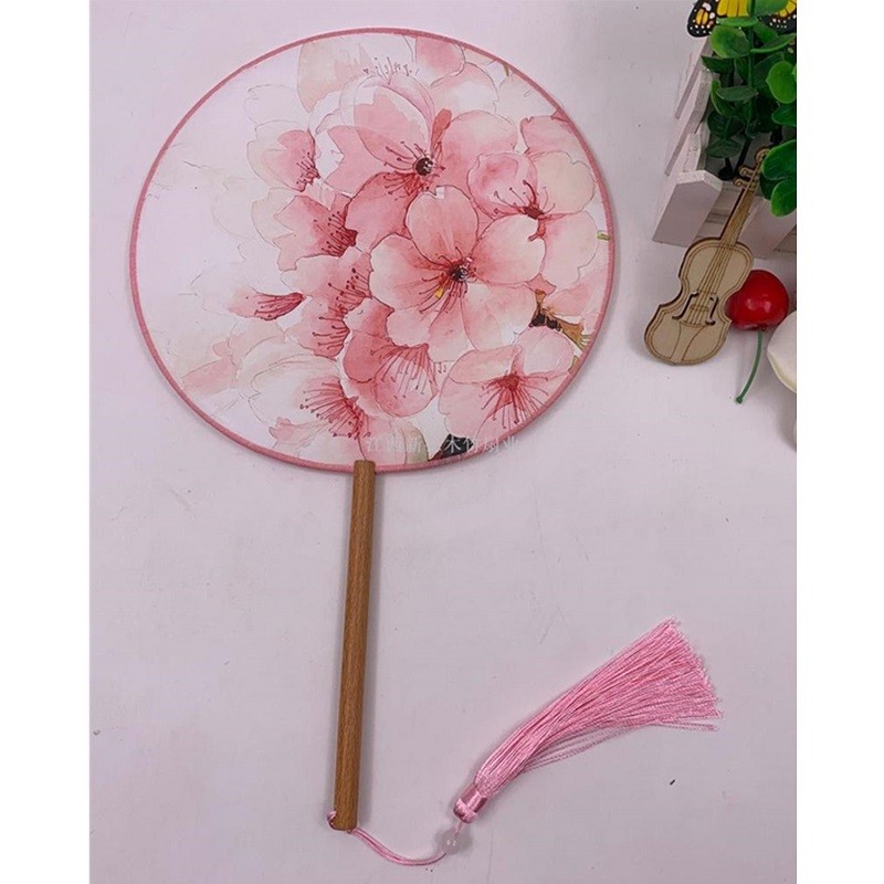 印花长柄彩边团扇古风长木柄团扇半透明汉服团扇宫扇中国风木柄丝绢圆扇拍照摄影扇详情图8