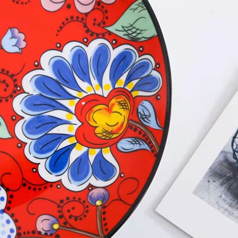 Hand-painted creative wedding big red Chinese ceramic tableware, household vegetable plates, bowls and plates, Western dining plates detail image 3