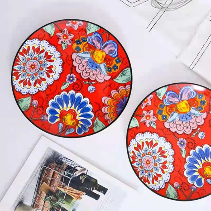 Hand-painted creative wedding big red Chinese ceramic tableware, household vegetable plates, bowls and plates, Western dining plates detail image 5