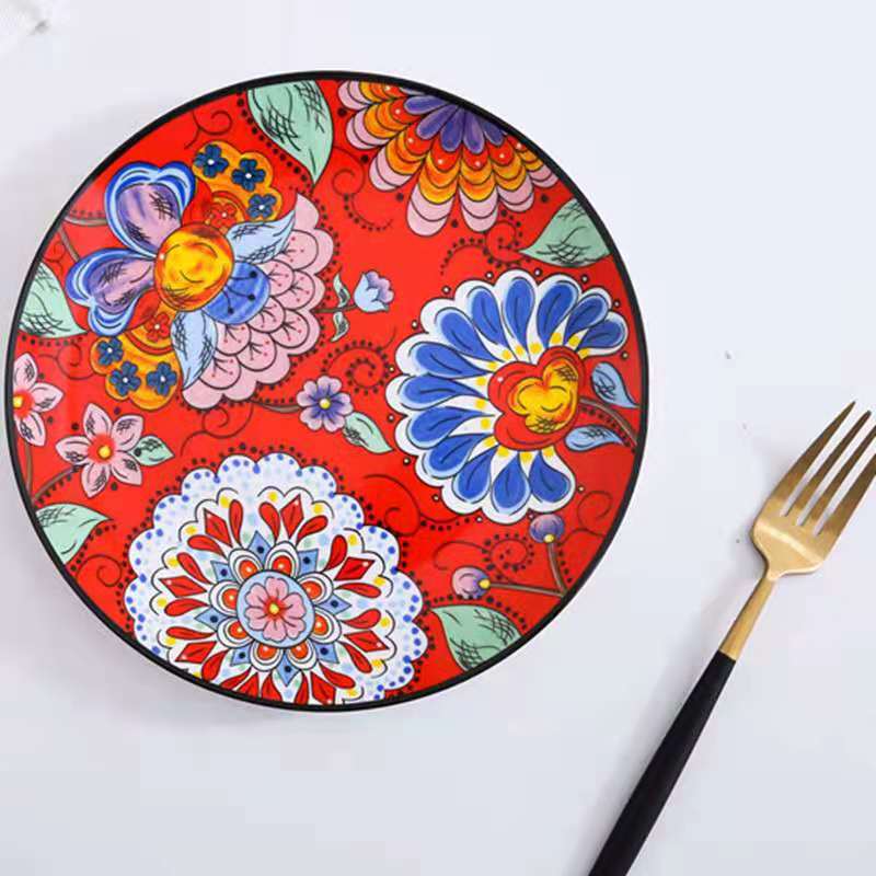 手绘创意结婚大红色中式陶瓷餐具家用菜盘子碗碟子西餐盘