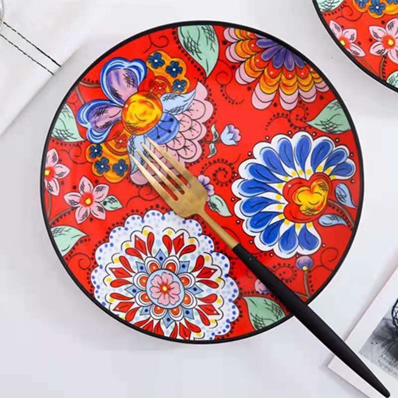 Hand-painted creative wedding big red Chinese ceramic tableware, household vegetable plates, bowls and plates, Western dining plates detail image 4