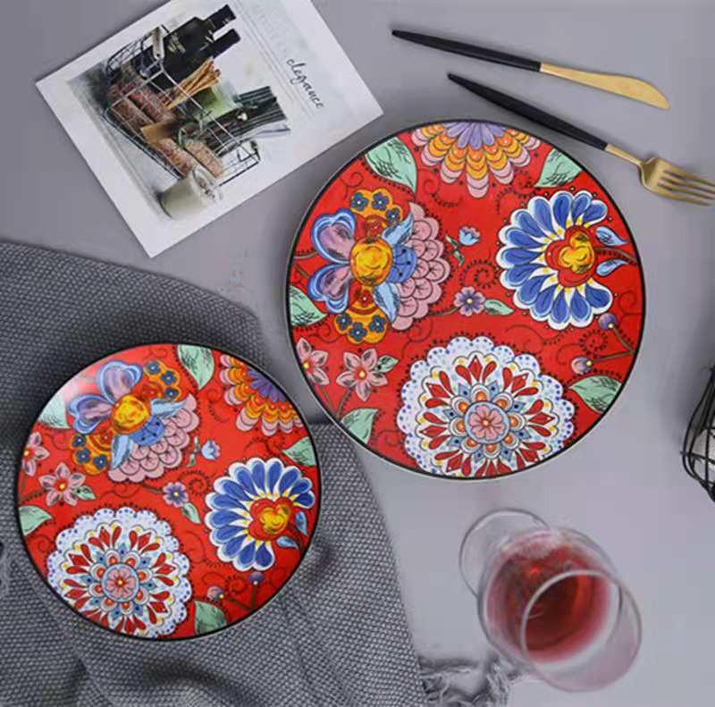 Hand-painted creative wedding big red Chinese ceramic tableware, household vegetable plates, bowls and plates, Western dining plates detail image 2