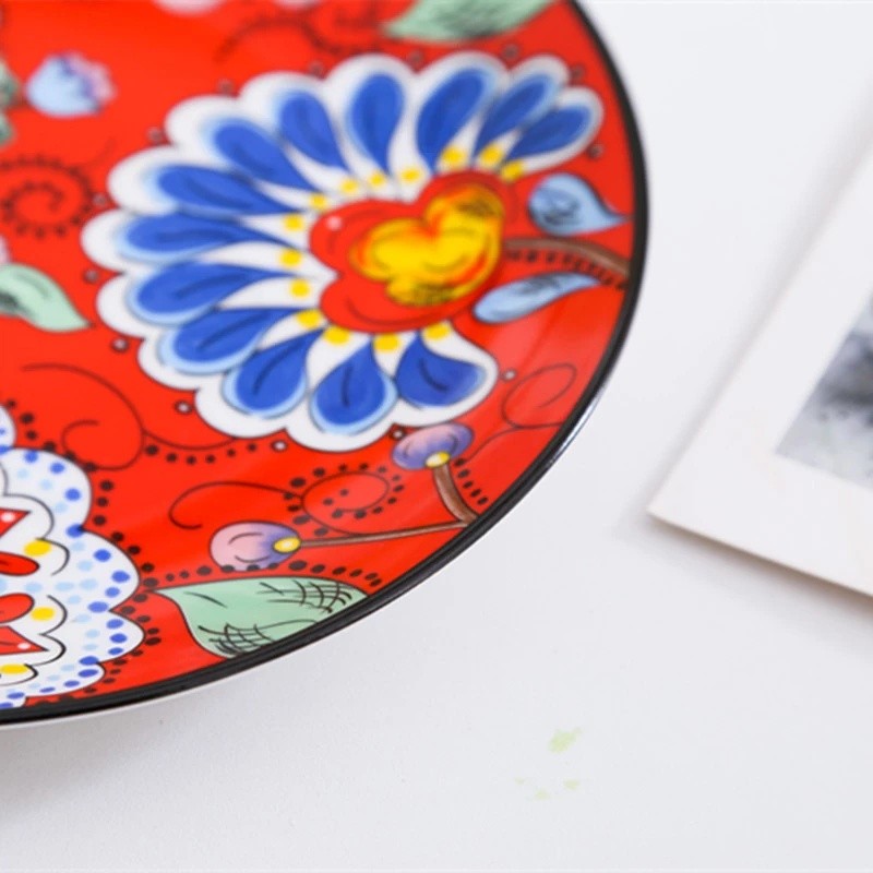 Hand-painted creative wedding big red Chinese ceramic tableware, household vegetable plates, bowls and plates, Western dining plates detail image 12