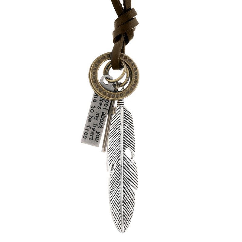 欧美跨境新品配饰 创意设计羽毛牛皮项链男 时尚简约长款锁骨链