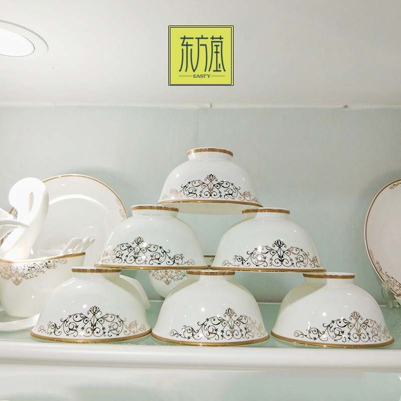 Ceramic tableware, bowls, plates, sets, bone China medium tableware, high bone China gifts, bone China bowls, plates, spoons, dinner plates, soup bowls, rice bowls, salad bowls, fruit plates, high-end household bone China detail image 4
