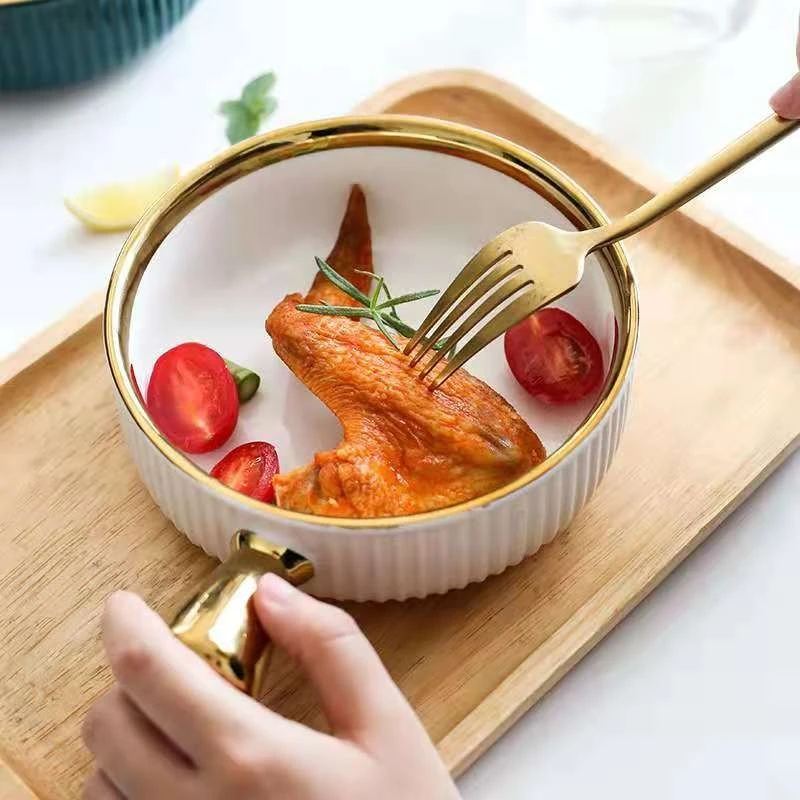 Ceramic baking bowls with handles, Nordic gold-edged fruit bowls, salad bowls, household tableware, breakfast bowls, instant noodle bowls detail image 7