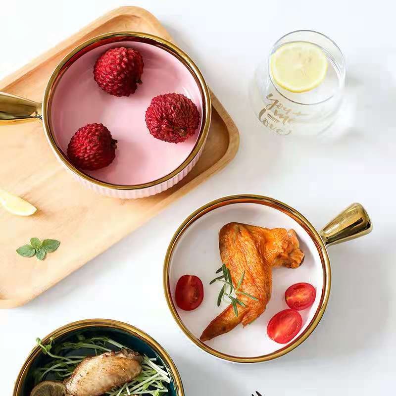 Ceramic baking bowls with handles, Nordic gold-edged fruit bowls, salad bowls, household tableware, breakfast bowls, instant noodle bowls detail image 17