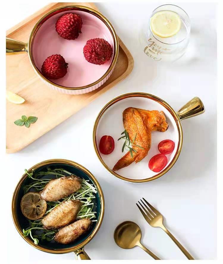 Ceramic baking bowls with handles, Nordic gold-edged fruit bowls, salad bowls, household tableware, breakfast bowls, instant noodle bowls detail image 9