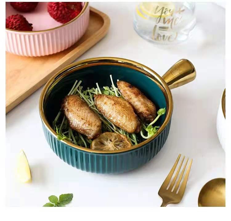 Ceramic baking bowls with handles, Nordic gold-edged fruit bowls, salad bowls, household tableware, breakfast bowls, instant noodle bowls detail image 14