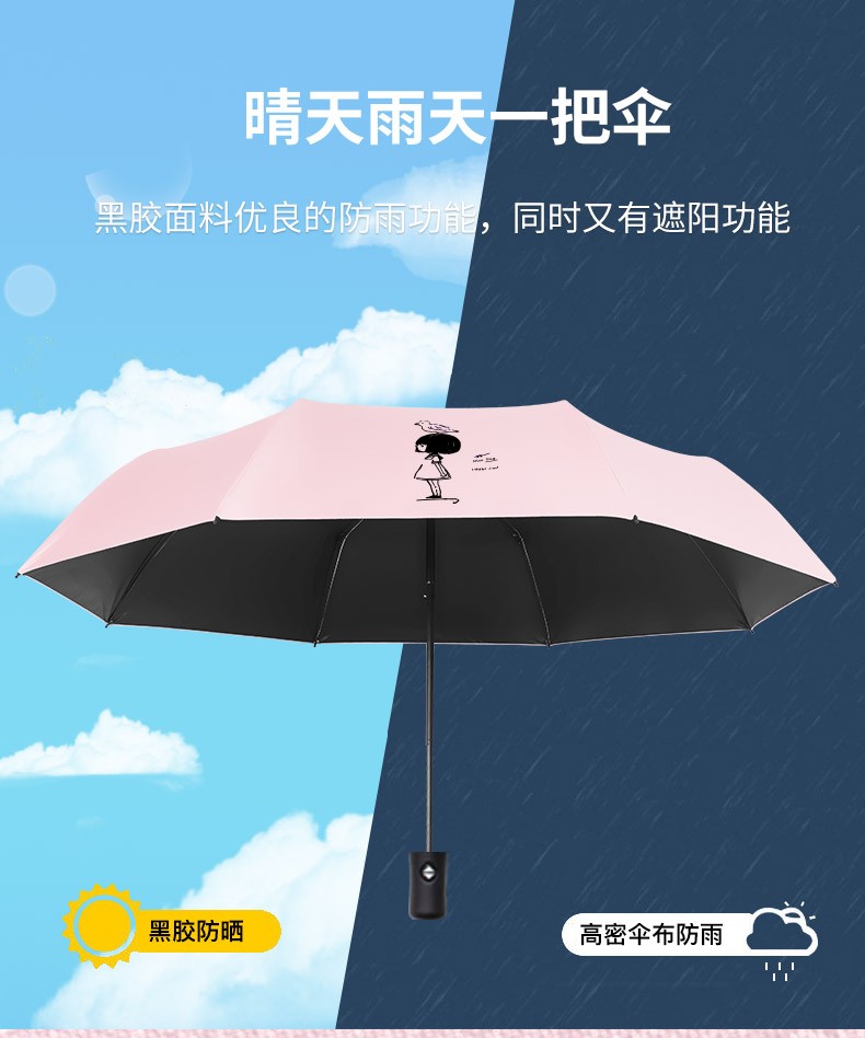 107cm三折自动嫣然粉雨伞学生遮阳防风少女心黑胶防晒全自动折叠加固女晴雨两用详情图4