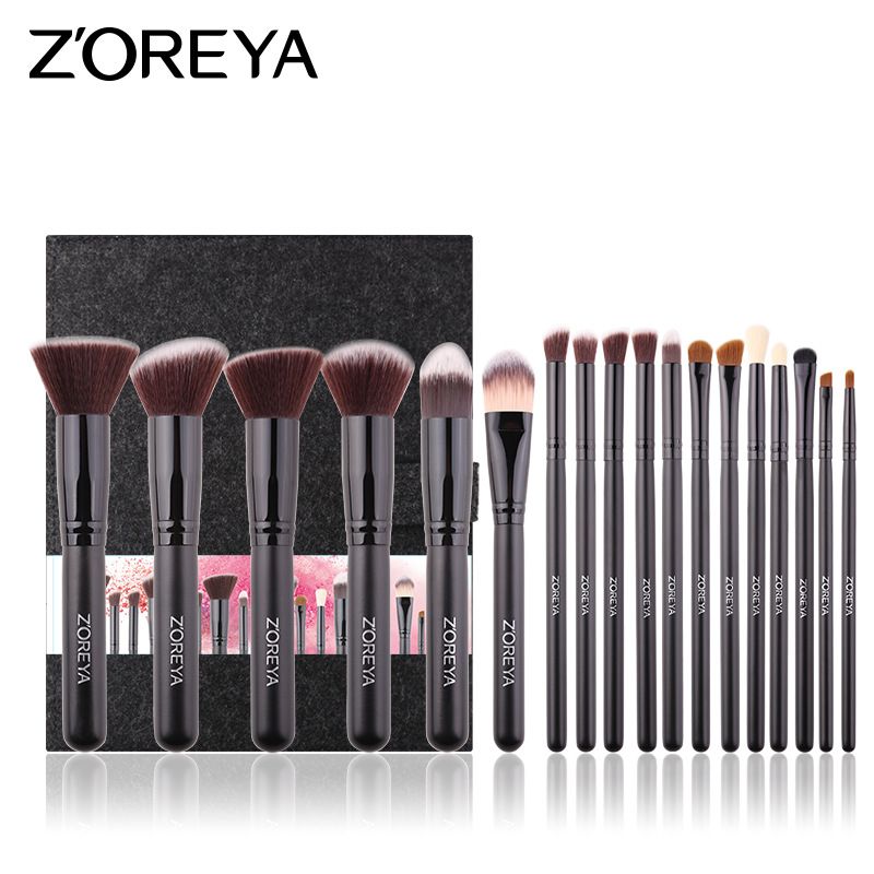 ZOREYA 新款化妆刷批发18支人造纤维化妆套装黑色木柄美容工具图