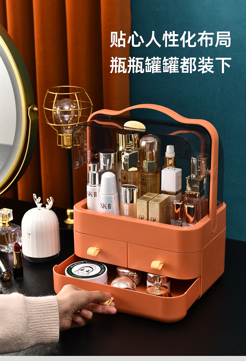 韩国网红防尘化妆品收纳盒透明手提化妆盒梳妆台护肤品整理置物架