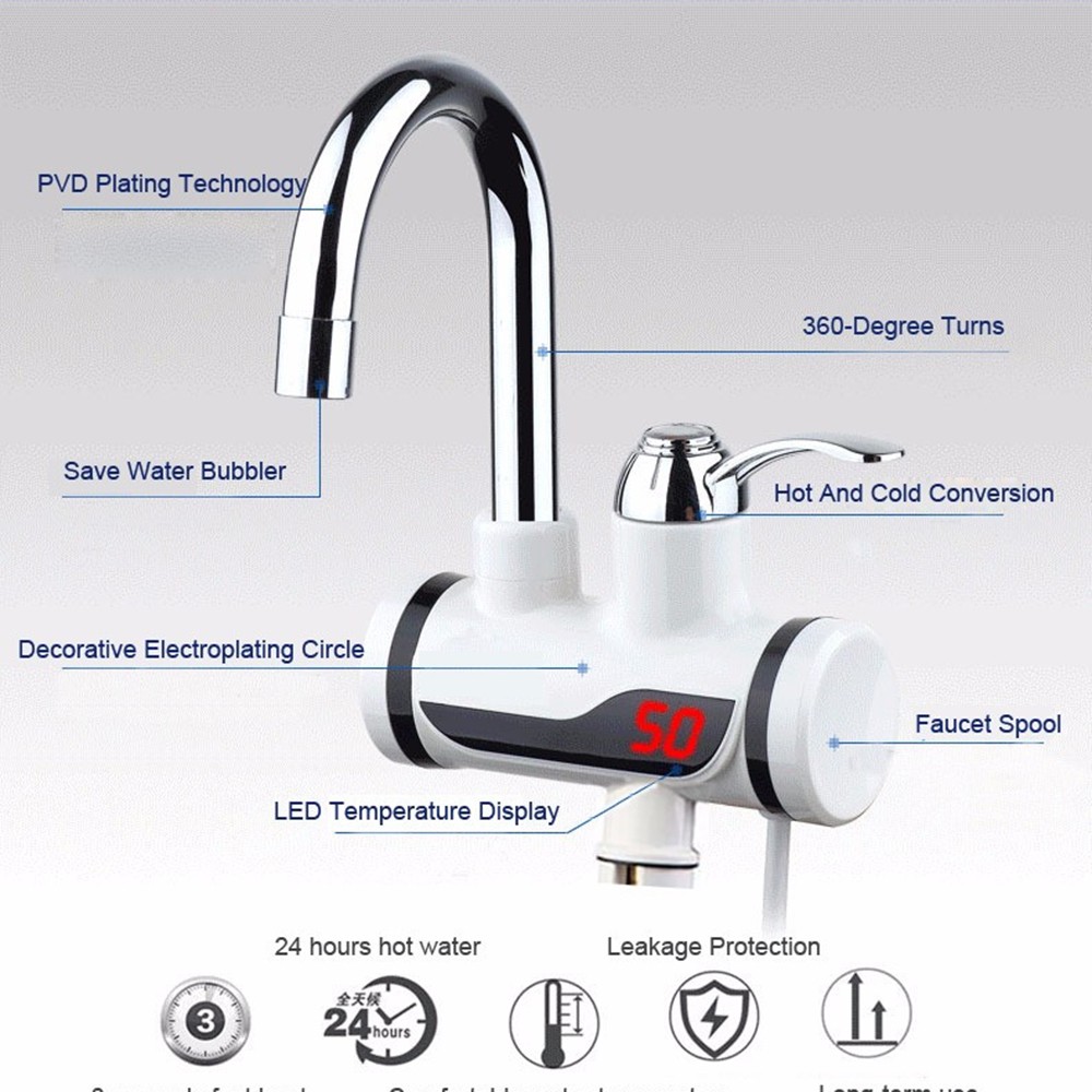The electric hot water faucet is a quick-heating type for both hot and cold showers. It heats water quickly and is a small kitchen water heater in the bathroom detail image 5