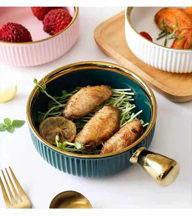 Ceramic baking bowls with handles, Nordic gold-edged fruit bowls, salad bowls, household tableware, breakfast bowls, instant noodle bowls detail image 15
