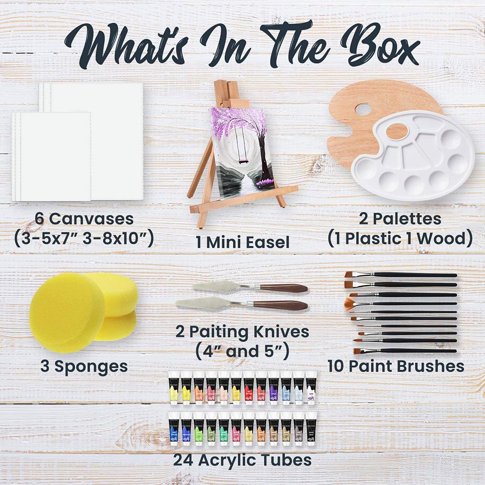 Professional painting supplies: Complete acrylic paint set with acrylic paint canvas, mini easel, brush painting set details Picture
