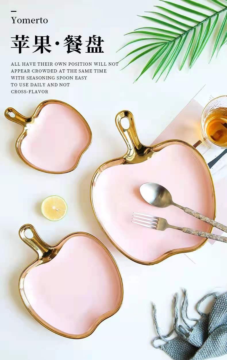 Creative apple plate, pizza plate, European-style golden edge Western cuisine steak inventory, heart plate, Instagram popular dessert plate, breakfast plate detail image 5
