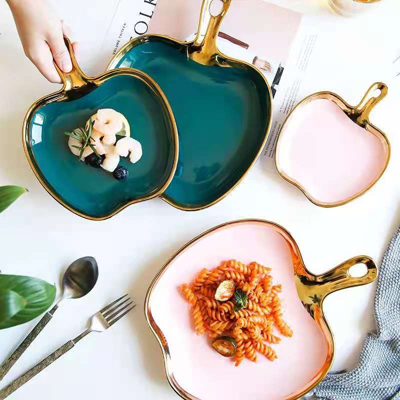Creative apple plate, pizza plate, European-style golden edge Western cuisine steak inventory, heart plate, Instagram popular dessert plate, breakfast plate detail image 1