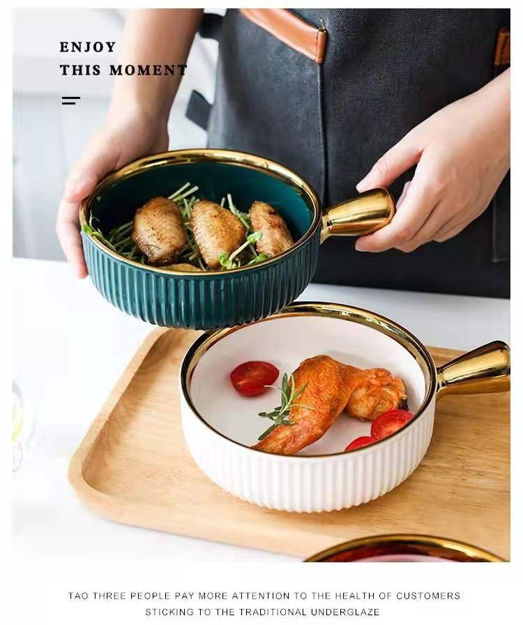 Ceramic baking bowls with handles, Nordic gold-edged fruit bowls, salad bowls, household tableware, breakfast bowls, instant noodle bowls detail image 8