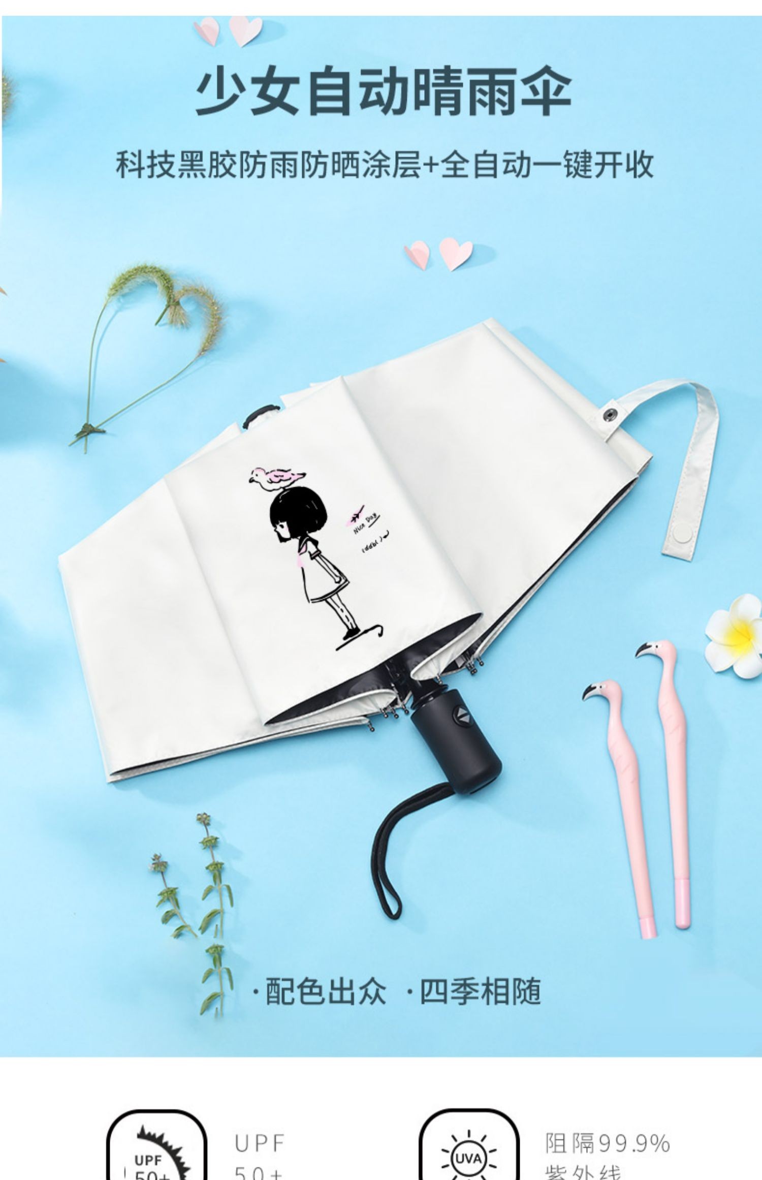 107cm五折手动烟灰蓝雨伞学生遮阳防风少女心黑胶防晒全自动折叠加固女晴雨两用详情2