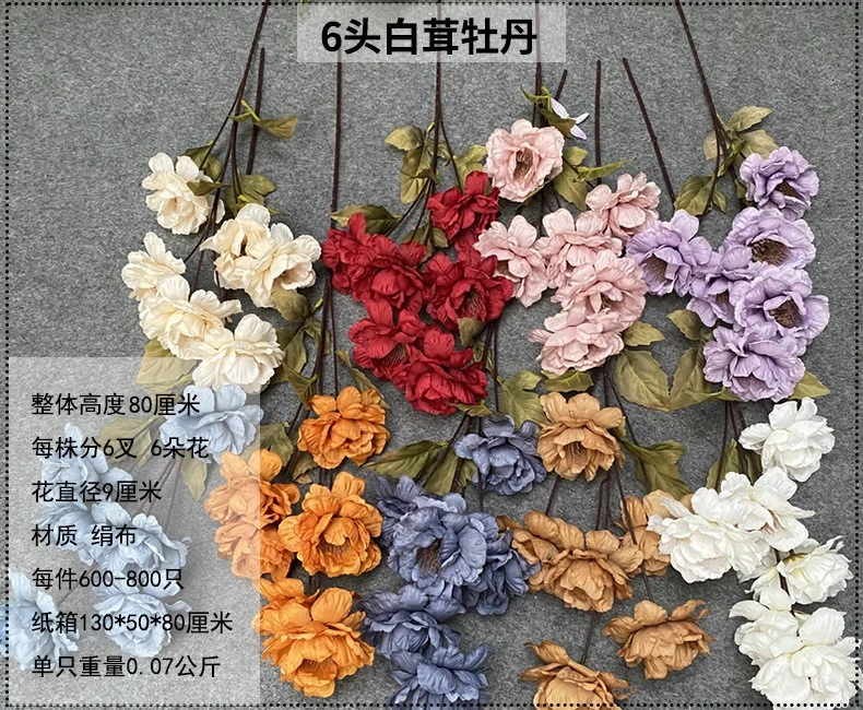 6-head white peony artificial flower, dried flower bouquet for dining room and living room, decorative vase, flower arrangement and floral art detail image 4