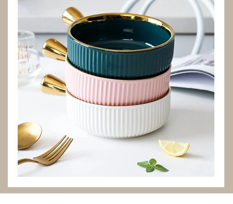 Ceramic baking bowls with handles, Nordic gold-edged fruit bowls, salad bowls, household tableware, breakfast bowls, instant noodle bowls detail image 1