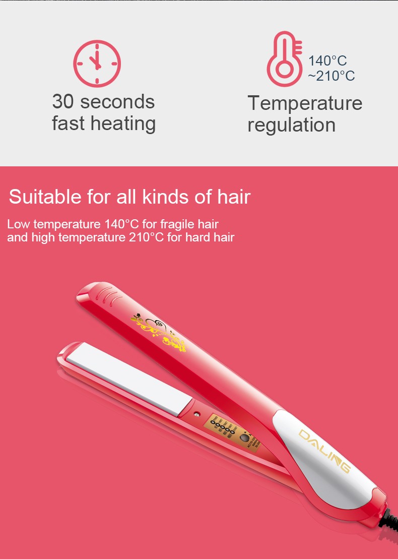 DALING Mini Ceramic Straight Board DALING-5020 is a dual-purpose hair straightener and curling device that won't damage hair, can create bangs, and has a fluffy texture for men. Wholesale for export detail image 6
