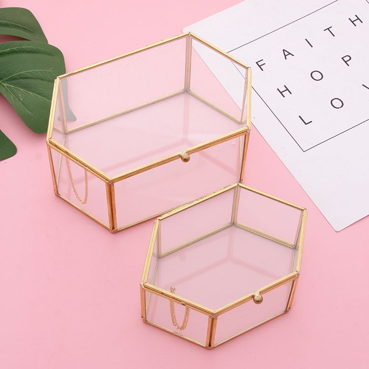 Nordic luxury high-grade glass hexagonal gold frame jewelry jewelry storage box glass jewelry storage box thumbnail