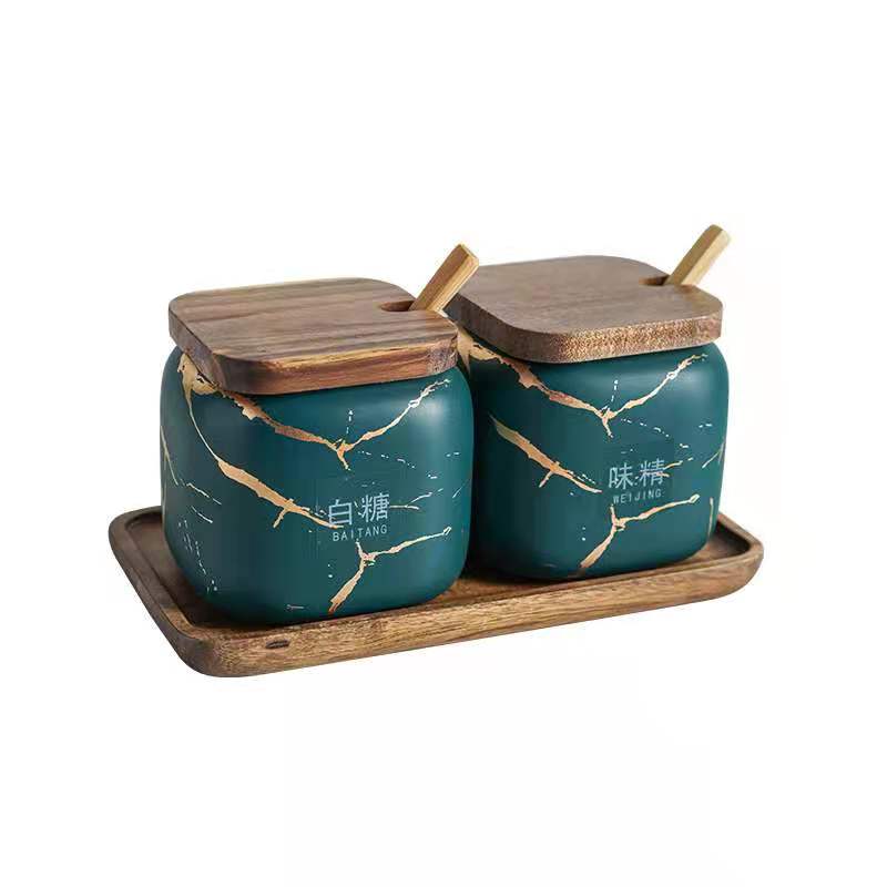 Japanese-style kitchen frosted seasoning jar set, two-piece marble-patterned ceramic household combination seasoning box, salt and sugar seasoning bottle Specification image