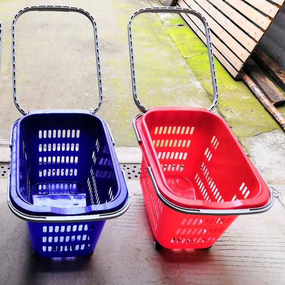 Shop supermarket luxury four wheel basket pull rod plastic shopping basket