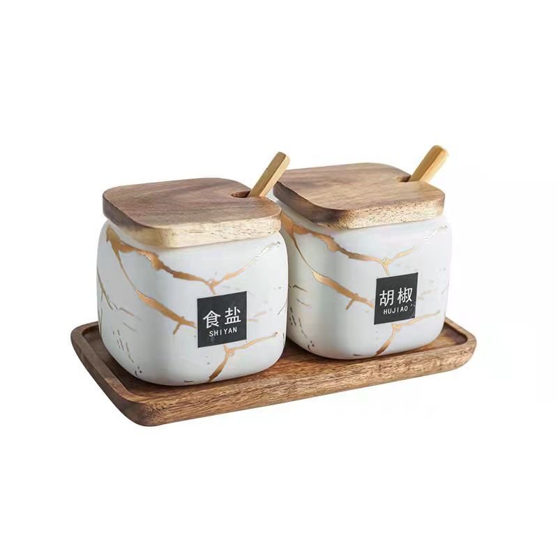 Japanese-style kitchen frosted seasoning jar set, two-piece marble-patterned ceramic household combination seasoning box, salt and sugar seasoning bottle details Picture