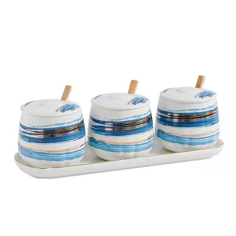 Japanese-style kitchen seasoning jar set, ink painting series, ceramic household combination seasoning box, salt and sugar jar, seasoning bottle Specification image