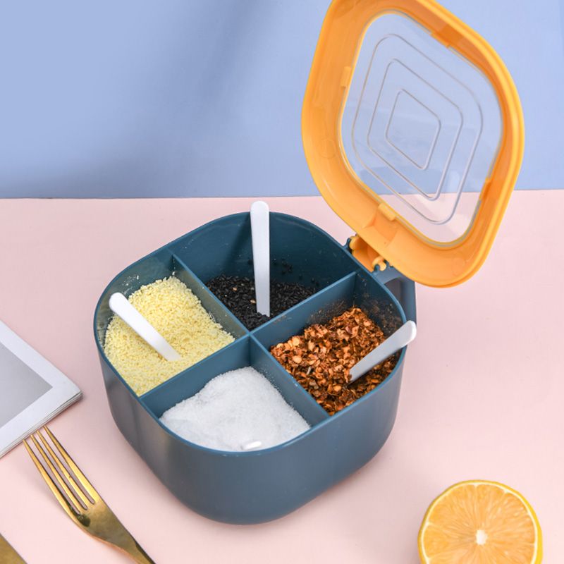 Four-compartment integrated seasoning box, kitchen PP storage box, monosodium glutamate, household seasonings, salt jar, sugar seasoning jar Application Scenario