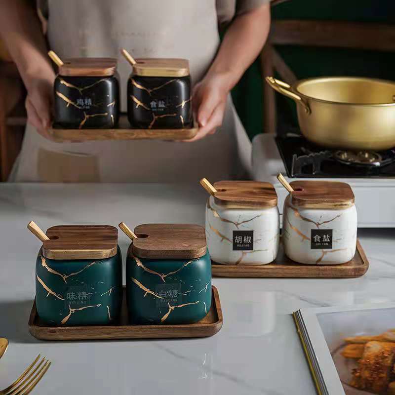 Japanese-style kitchen frosted seasoning jar set, two-piece marble-patterned ceramic household combination seasoning box, salt and sugar seasoning bottle Application Scenario
