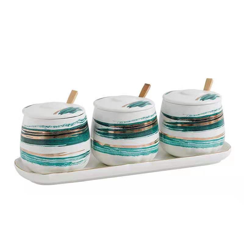 Japanese-style kitchen seasoning jar set, ink painting series, ceramic household combination seasoning box, salt and sugar jar, seasoning bottle Item Picture