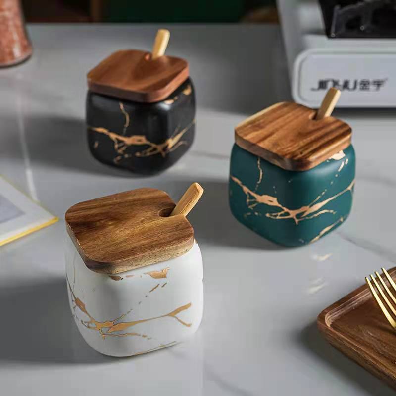 Japanese-style kitchen frosted seasoning jar set, two-piece marble-patterned ceramic household combination seasoning box, salt and sugar seasoning bottle Item Picture