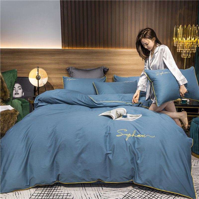 Nordic Style 100% Cotton Four-Piece Set Simple Pure Color Cotton Embroidery Quilt Set Bed Linen 3-4 Sets details Picture