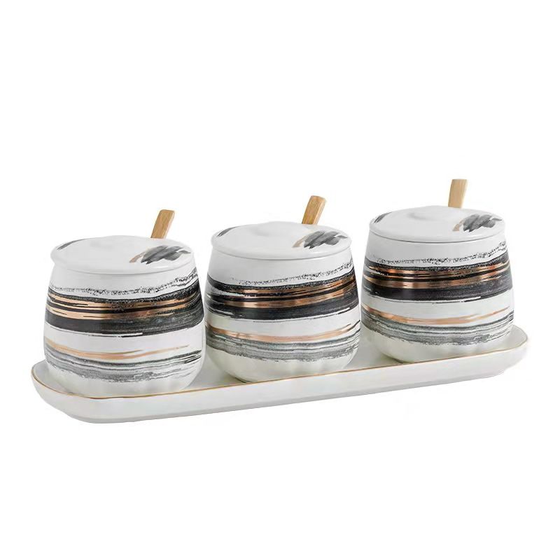 Japanese-style kitchen seasoning jar set, ink painting series, ceramic household combination seasoning box, salt and sugar jar, seasoning bottle details Picture