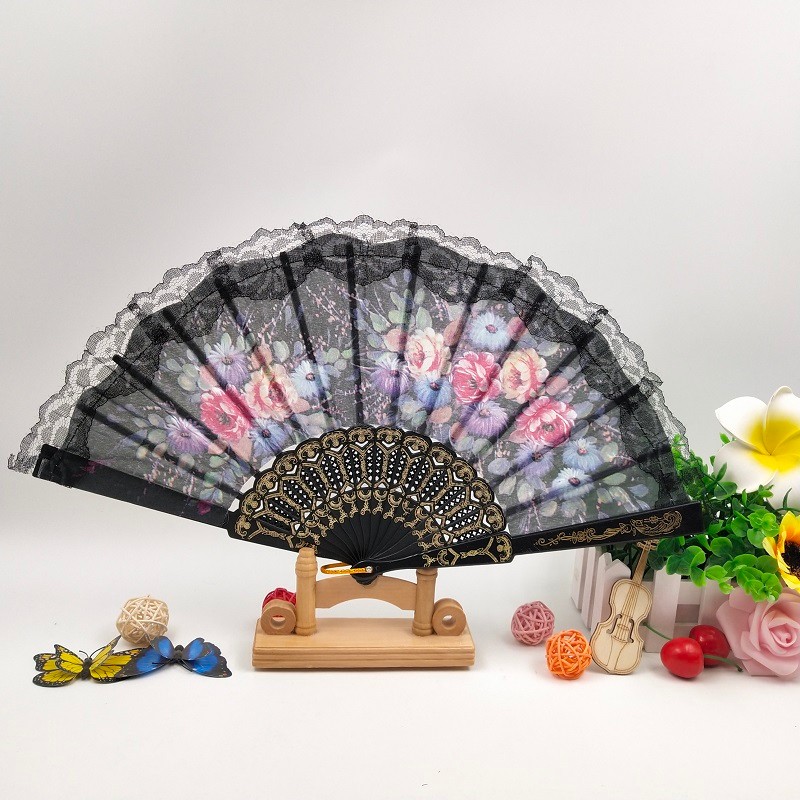 西班牙花边扇   女士扇子  优质黑色蕾丝高档折扇  黑杆舞蹈扇  批发详情图5