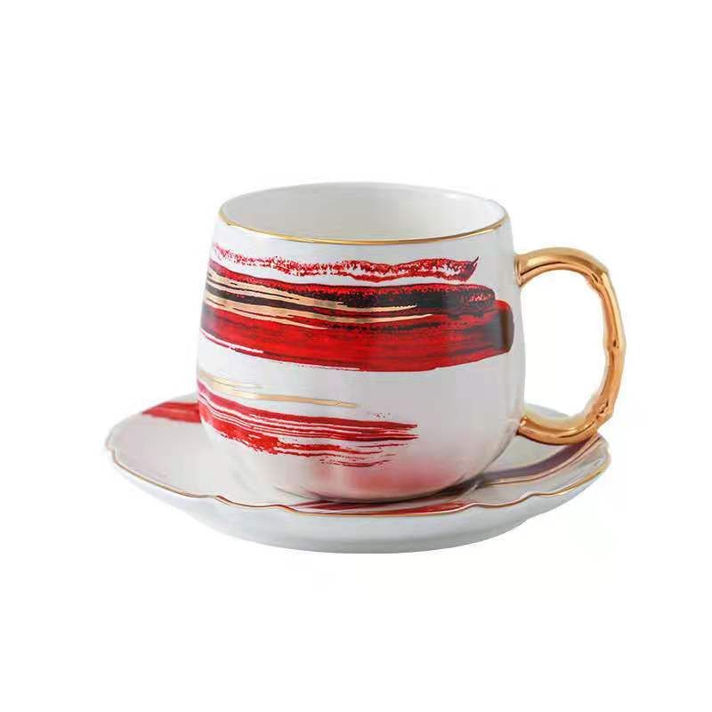 Ink painting series matte gold coffee cups, creative watercolor ink ceramic tea cups, mugs with ceramic plates Item Picture