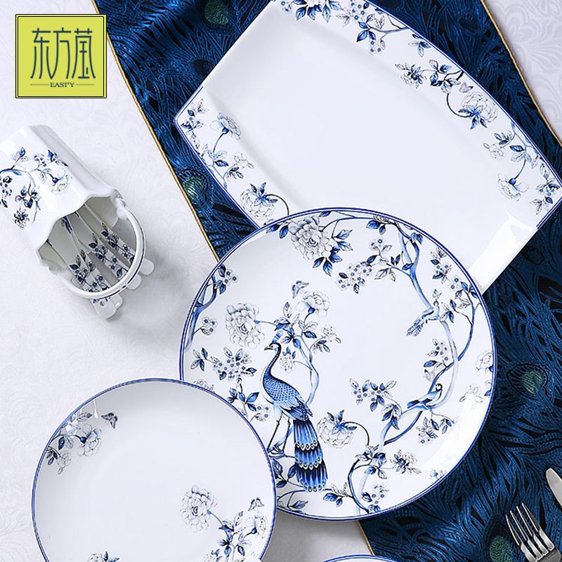 Ceramic tableware evening plate set, set bowl, gift bowl, bone China bowl, tableware, medium tableware set, dare to be bone China tableware set, rice bowl set, new Chinese style peacock picture blue and white bone China plate Specification image