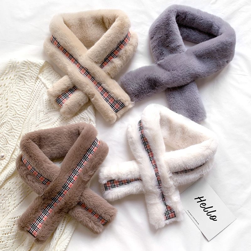 Jane Eyre's new autumn and winter Korean-style British checkered woolen scarf for women, a warm faux rabbit fur cross-neck scarf