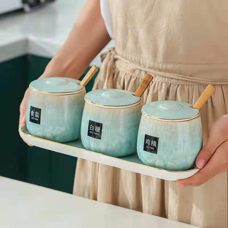 Japanese-style kitchen kiln transformation seasoning jar set, underglaze painted ceramic household combination seasoning box, salt and sugar seasoning bottle Item Picture
