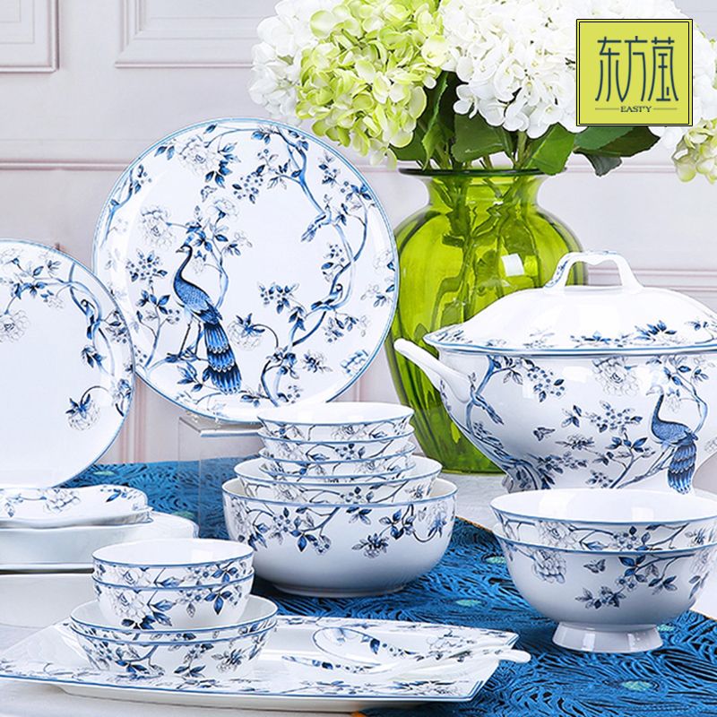 Ceramic tableware evening plate set, set bowl, gift bowl, bone China bowl, tableware, medium tableware set, dare to be bone China tableware set, rice bowl set, new Chinese style peacock picture blue and white bone China plate