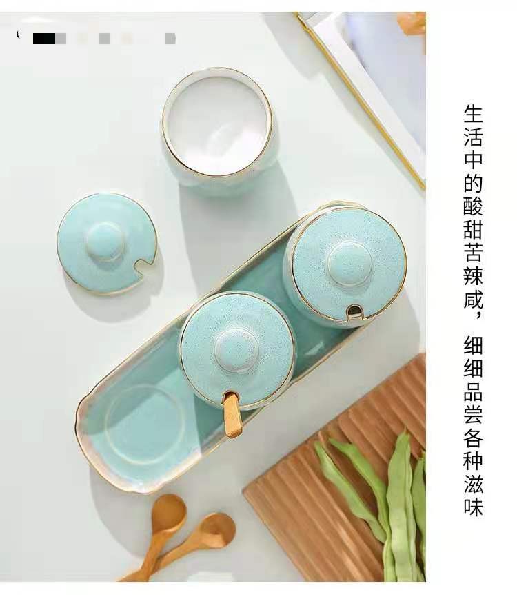 Japanese-style kitchen kiln transformation seasoning jar set, underglaze painted ceramic household combination seasoning box, salt and sugar seasoning bottle detail image 4