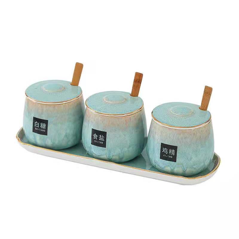 Japanese-style kitchen kiln transformation seasoning jar set, underglaze painted ceramic household combination seasoning box, salt and sugar seasoning bottle Specification image