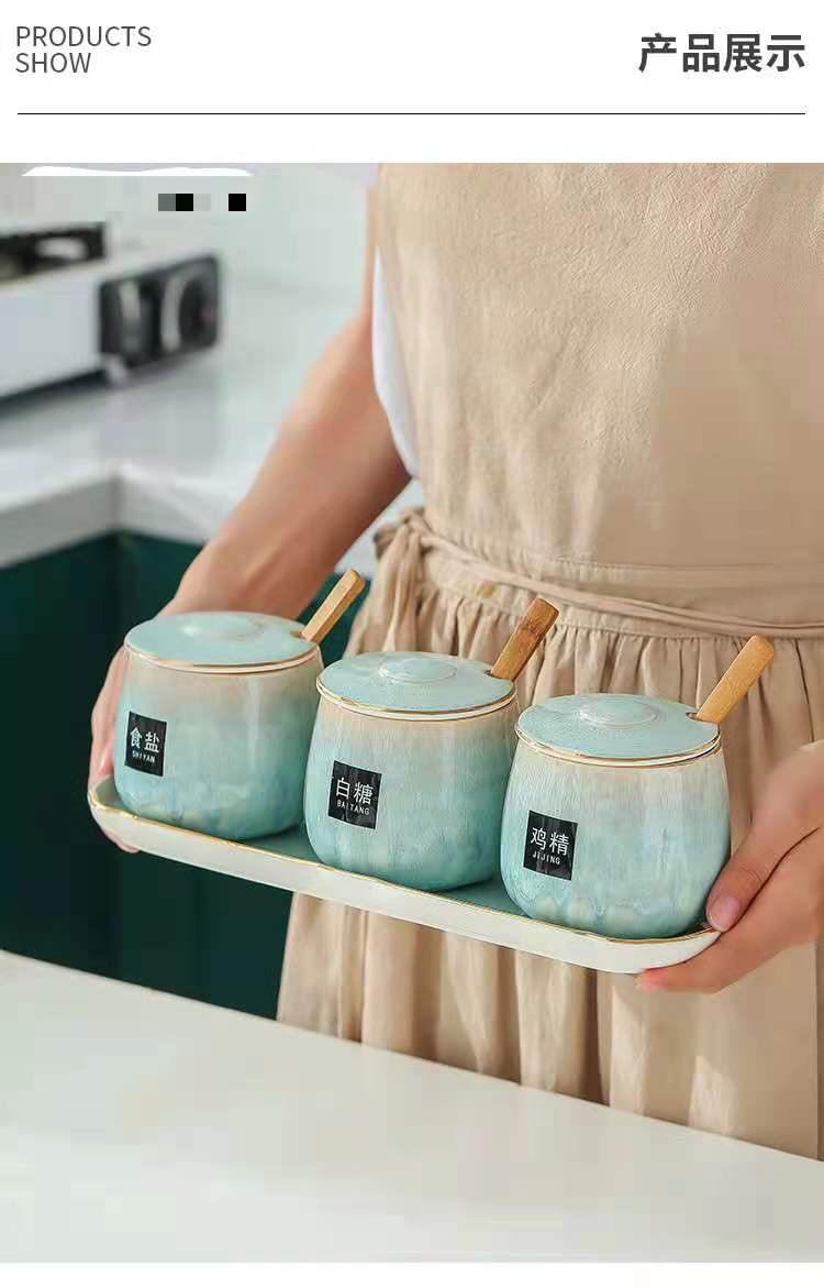 Japanese-style kitchen kiln transformation seasoning jar set, underglaze painted ceramic household combination seasoning box, salt and sugar seasoning bottle detail image 1