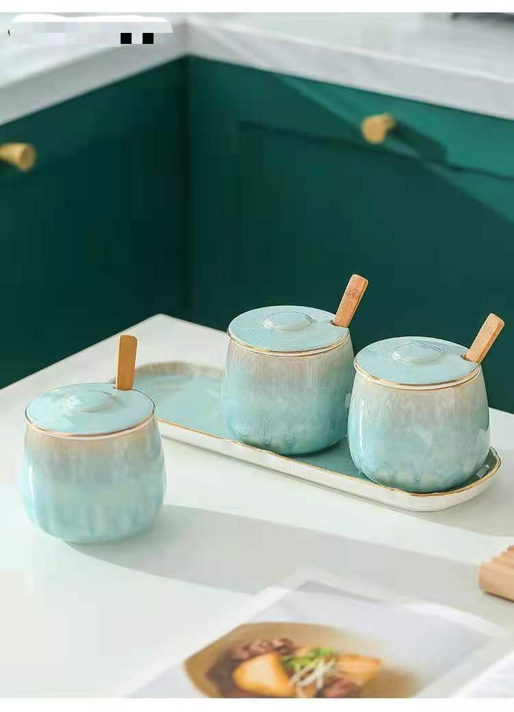 Japanese-style kitchen kiln transformation seasoning jar set, underglaze painted ceramic household combination seasoning box, salt and sugar seasoning bottle detail image 5