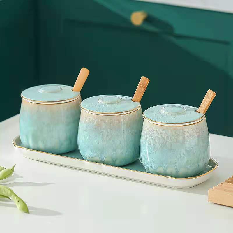 Japanese-style kitchen kiln transformation seasoning jar set, underglaze painted ceramic household combination seasoning box, salt and sugar seasoning bottle details Picture