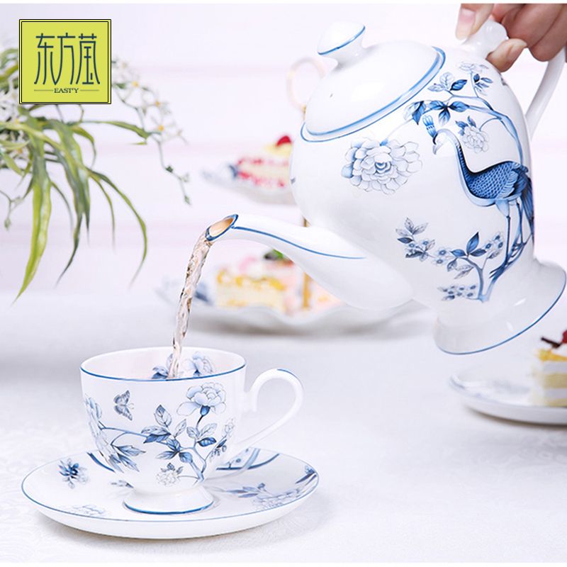 陶瓷咖啡具水具茶具茶咖两用骨瓷咖啡具高档英式下午茶具杯碟新中式青花蓝色孔雀瓷器